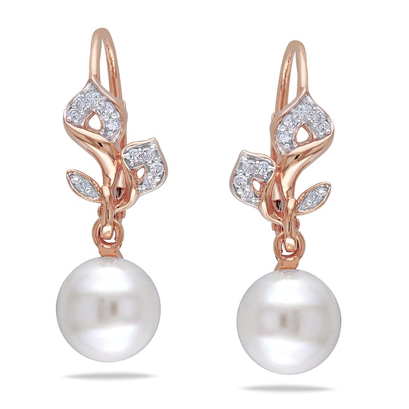 Miadora 10k Rose Gold White Cultured Freshwater Pearl and 1/10ct TDW Diamond Earrings (H-I, I2-I3)