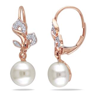 Rose Pearl Earrings Online At Our Best Miadora 10k Rose Gold White Cultured Freshwater Pearl And 1 10ct Tdw Diamond Earrings