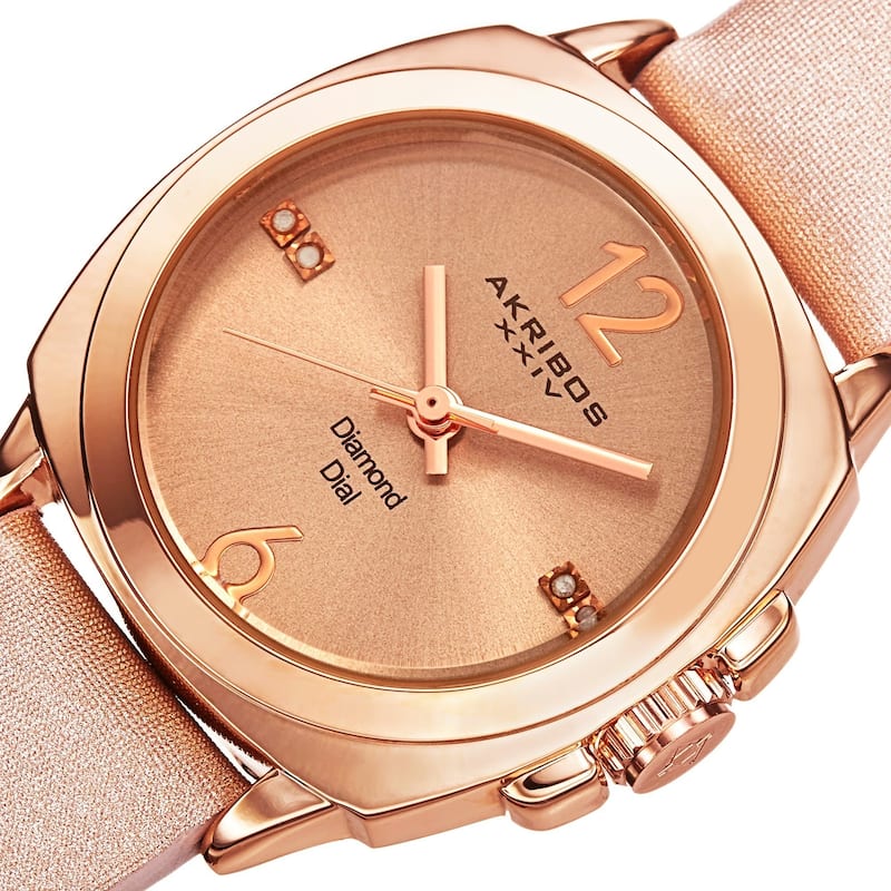 Akribos XXIV Women's Swiss Quartz Diamond-Accented Satin Rose-Tone Strap Watch