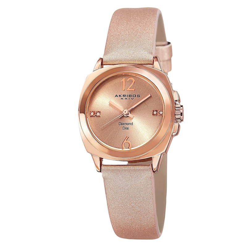 Akribos XXIV Women's Swiss Quartz Diamond-Accented Satin Rose-Tone Strap Watch