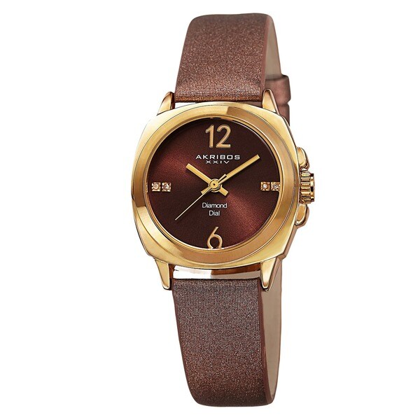 Akribos XXIV Women's Swiss Quartz Diamond-Accented Satin Gold-Tone Strap Watch with FREE Bangle