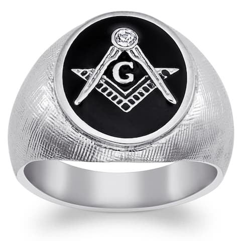 Stainless Steel Men's Crystal Accent Masonic Oval Textured Ring