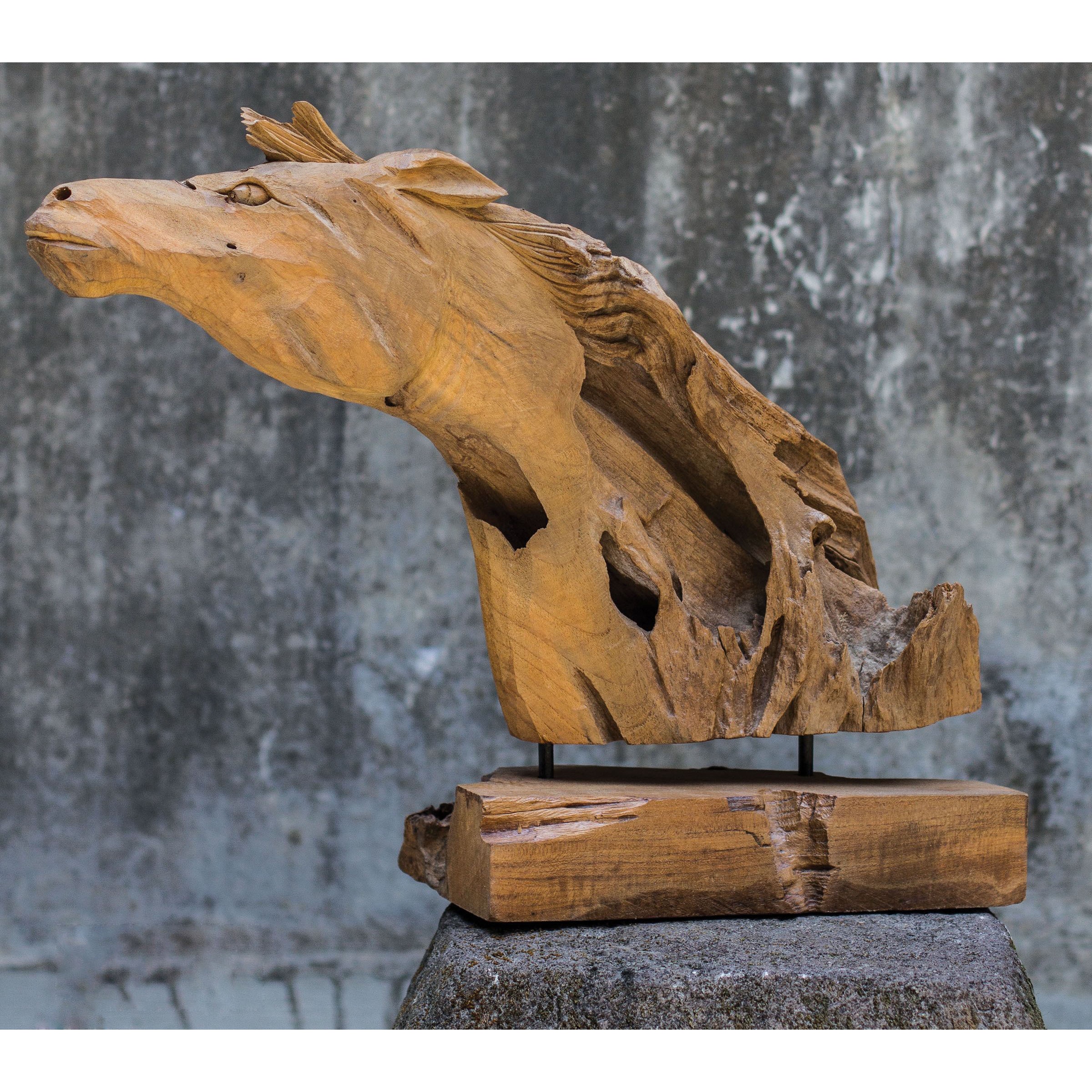 Teak Wood Mantled Horse Sculpture