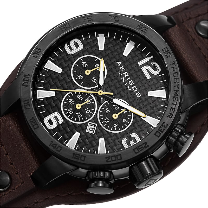 Akribos XXIV Men's Tachymeter Multifunction Leather Black Strap Watch