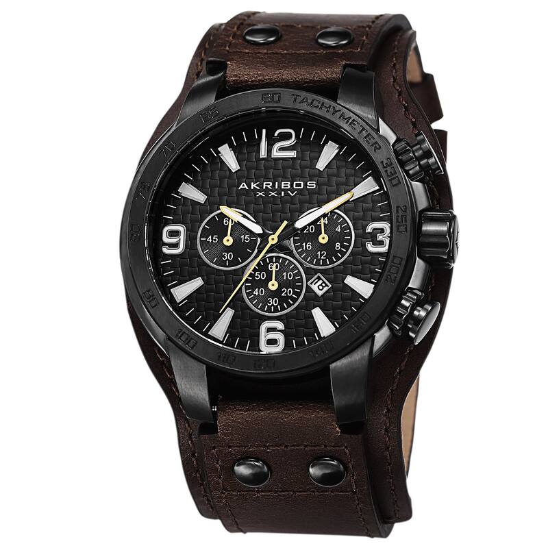 Akribos XXIV Men's Tachymeter Multifunction Leather Black Strap Watch