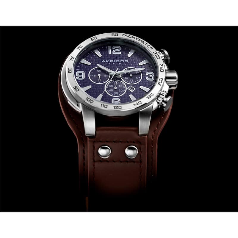 Akribos XXIV Men's Tachymeter Multifunction Leather Blue Strap Watch
