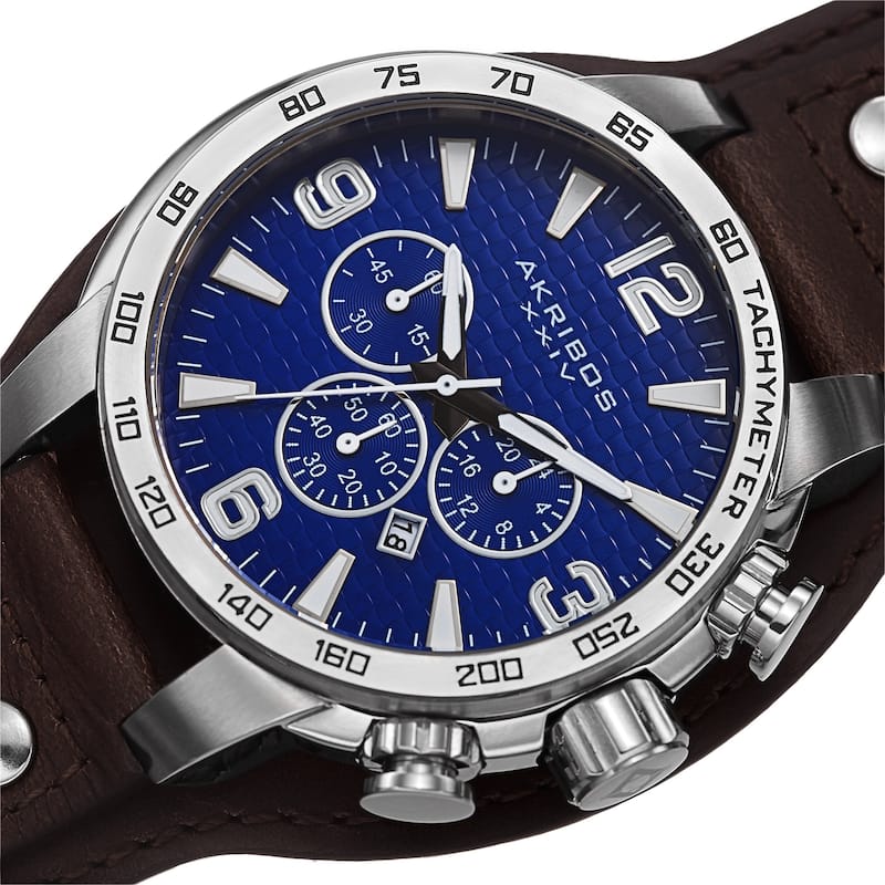 Akribos XXIV Men's Tachymeter Multifunction Leather Blue Strap Watch