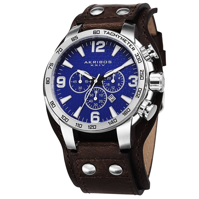 Akribos XXIV Men's Tachymeter Multifunction Leather Blue Strap Watch