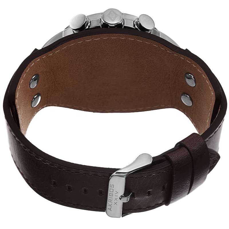 Akribos XXIV Men's Tachymeter Chronograph Leather Silver-Tone Strap Watch