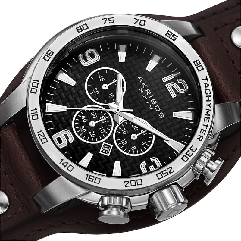 Akribos XXIV Men's Tachymeter Chronograph Leather Silver-Tone Strap Watch