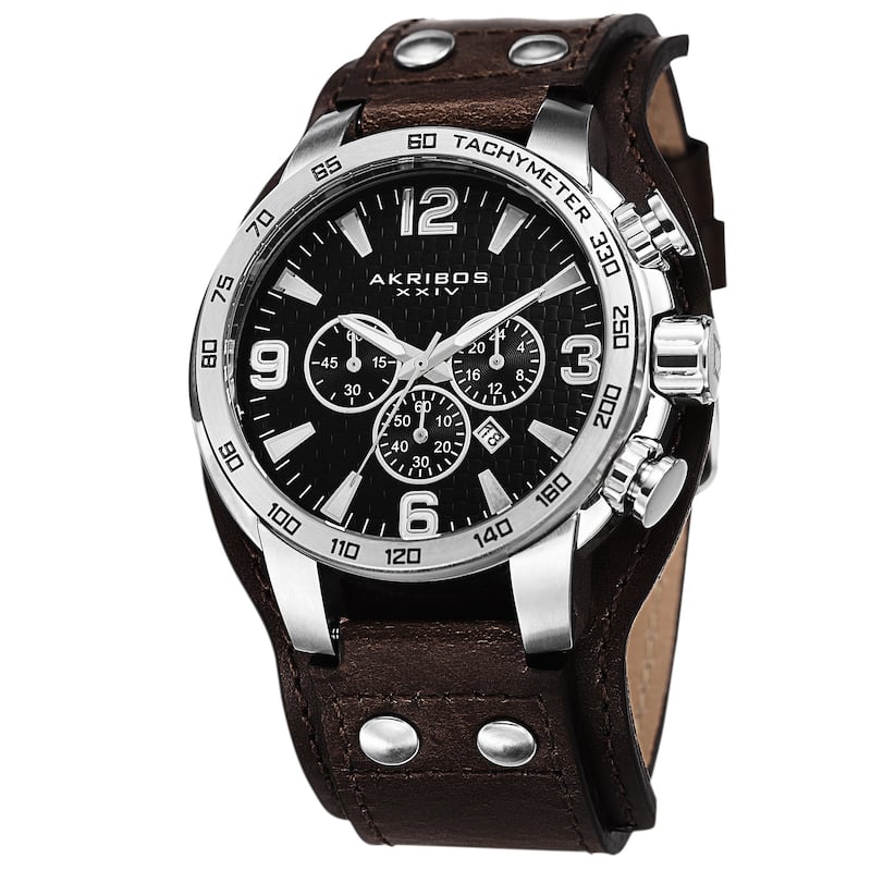 Akribos XXIV Men's Tachymeter Chronograph Leather Silver-Tone Strap Watch