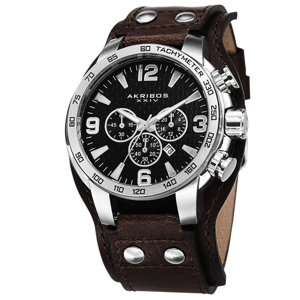 Akribos XXIV Men's Tachymeter Chronograph Leather Silver-Tone Strap Watch