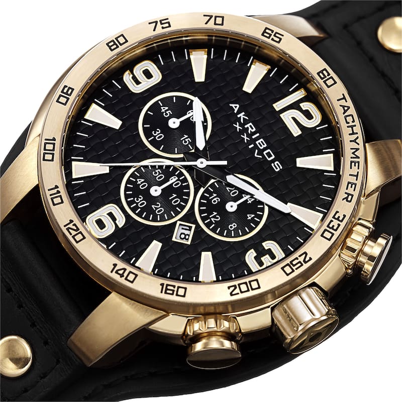 Akribos XXIV Men's Tachymeter Multifunction Leather Gold-Tone Strap Watch