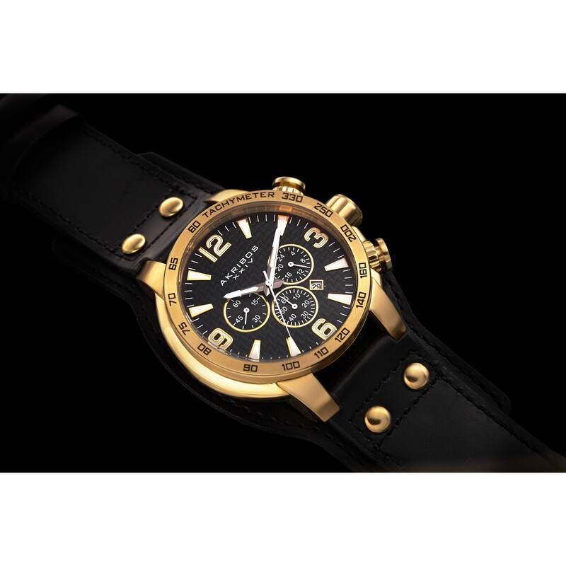 Akribos XXIV Men's Tachymeter Multifunction Leather Gold-Tone Strap Watch