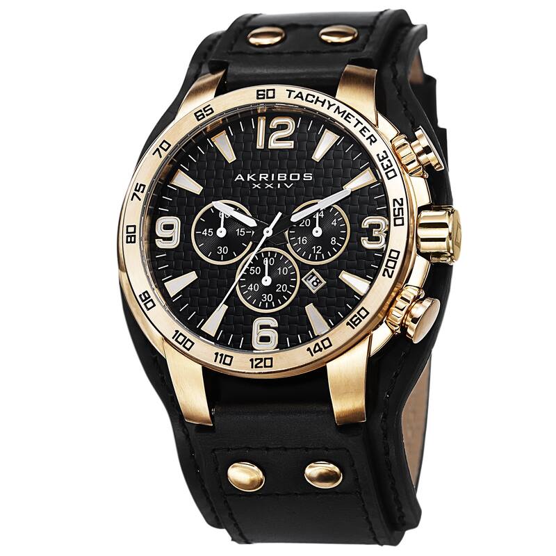 Akribos XXIV Men's Tachymeter Multifunction Leather Gold-Tone Strap Watch