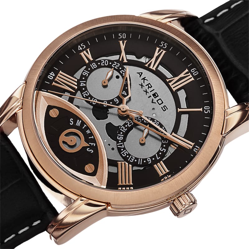 Akribos XXIV Men's Multifunction Step Dial Leather Rose-Tone Strap Watch