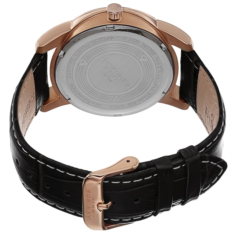 Akribos XXIV Men's Multifunction Step Dial Leather Rose-Tone Strap Watch