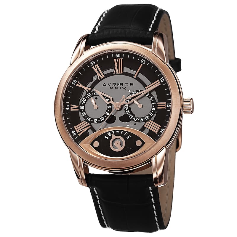 Akribos XXIV Men's Multifunction Step Dial Leather Rose-Tone Strap Watch
