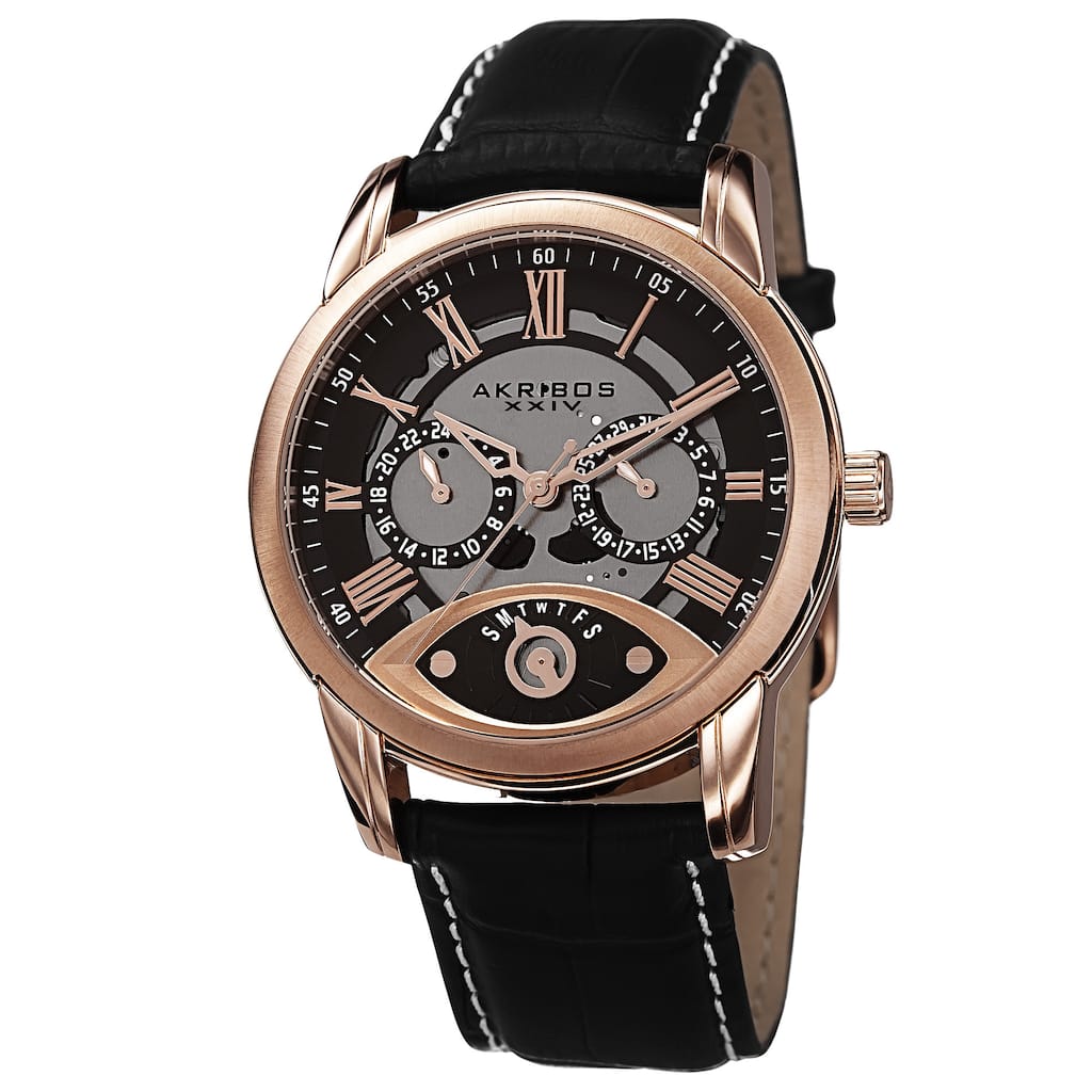 Akribos XXIV Men's Multifunction Step Dial Leather Rose-Tone Strap Watch