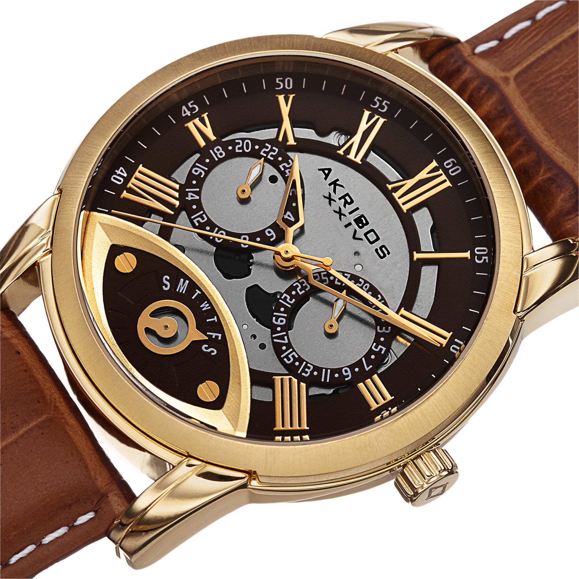 Akribos XXIV Men's Multifunction Step Dial Leather Gold-Tone Strap