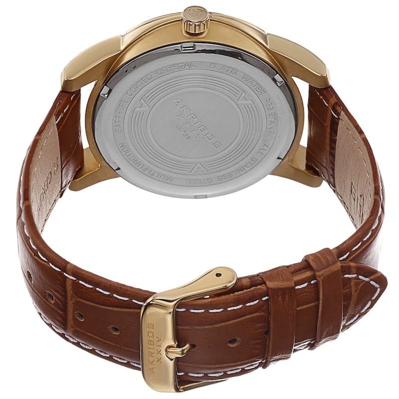 Akribos XXIV Men's Multifunction Step Dial Leather Gold-Tone Strap Watch