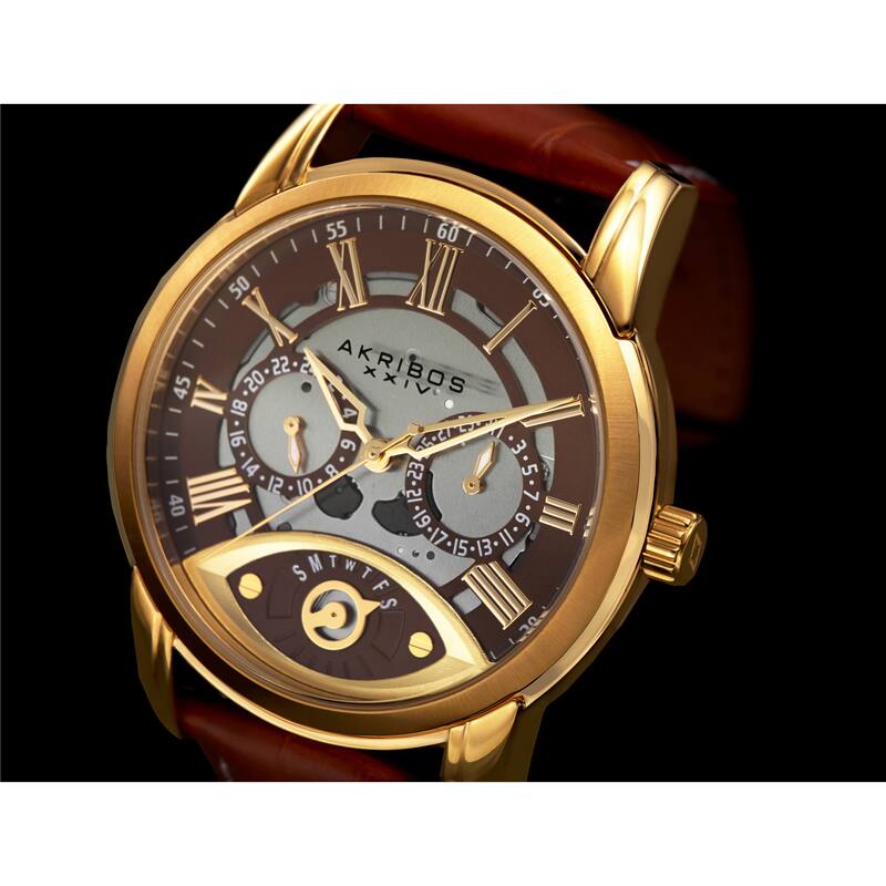 Akribos XXIV Men's Multifunction Step Dial Leather Gold-Tone Strap Watch