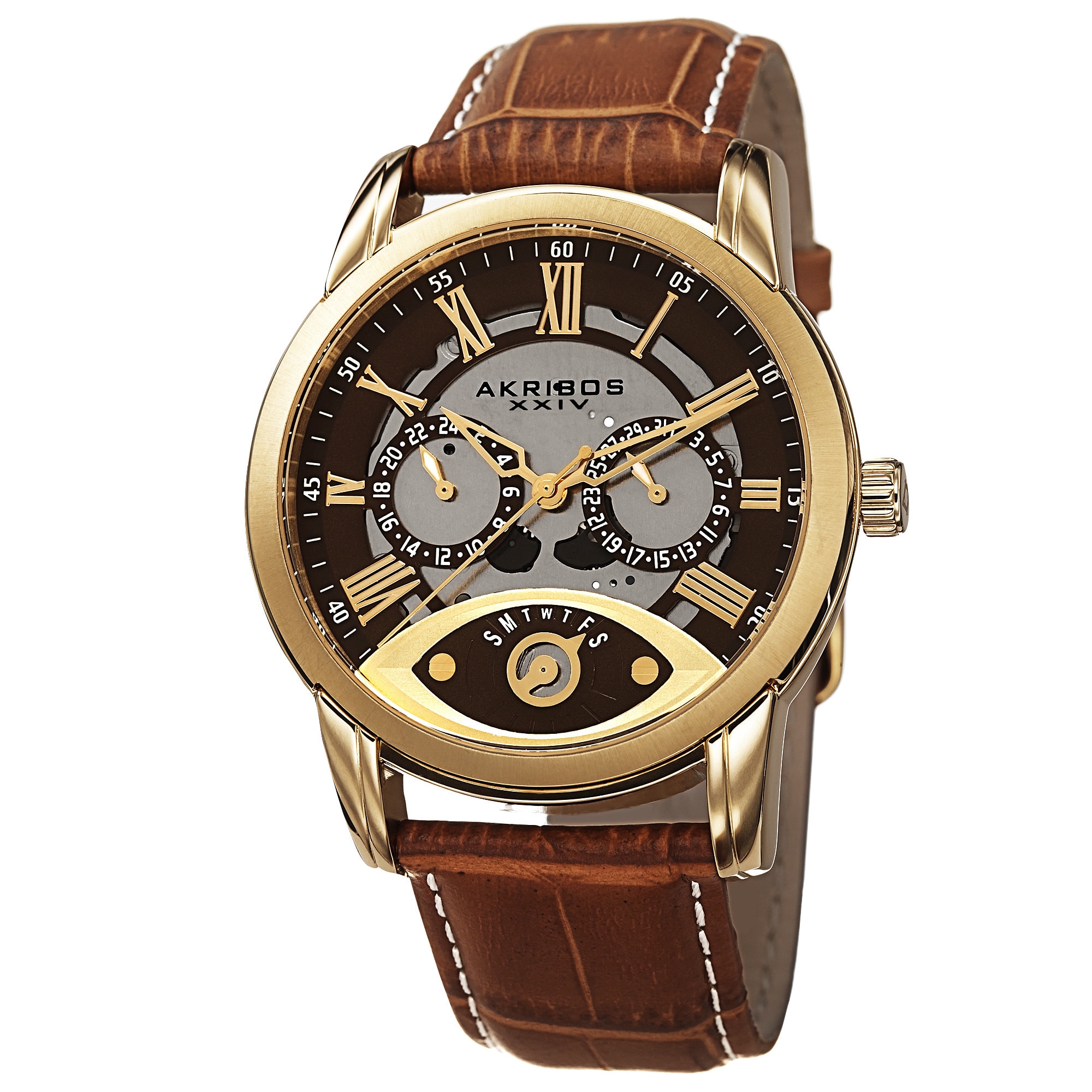 Akribos XXIV Men's Multifunction Step Dial Leather Gold-Tone Strap