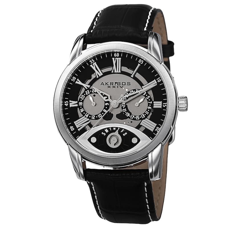 Akribos XXIV Men's Multifunction Step Dial Leather Silver-Tone Strap Watch