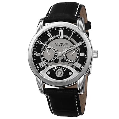 Akribos XXIV Men's Multifunction Step Dial Leather Silver-Tone Strap Watch