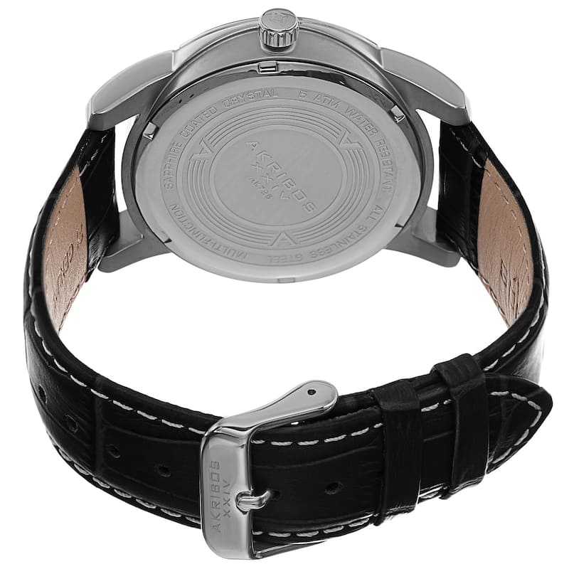 Akribos XXIV Men's Multifunction Step Dial Leather Silver-Tone Strap Watch