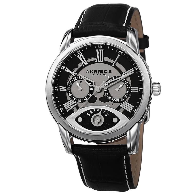 Akribos XXIV Men's Multifunction Step Dial Leather Silver-Tone Strap Watch