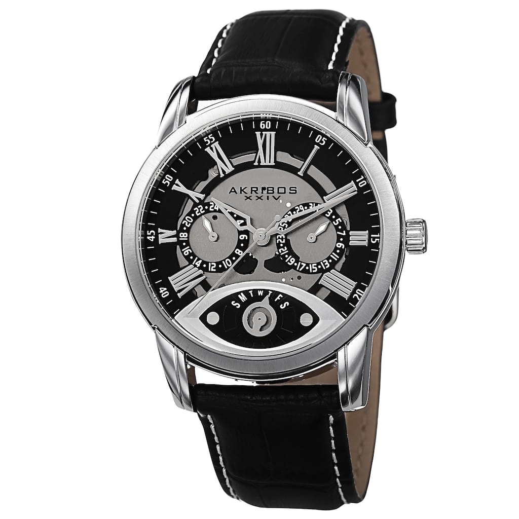 Akribos XXIV Men's Multifunction Step Dial Leather Silver-Tone Strap Watch