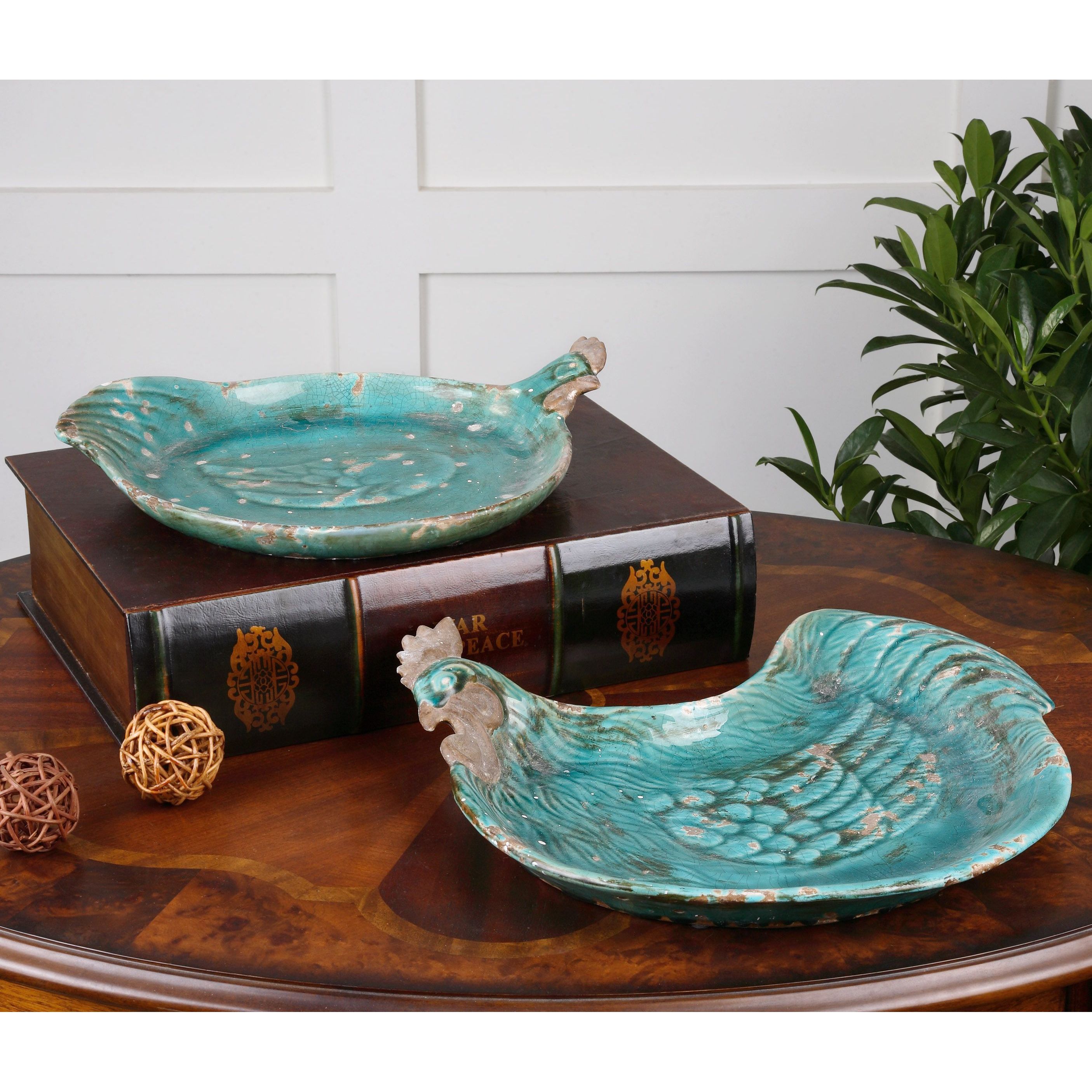 Galiana Teal Rooster Ceramic Tray (set Of 2)