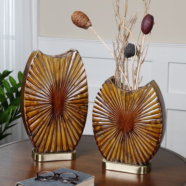 Uttermost Zarina Marbled Brown 2 piece Ceramic Vase Set  