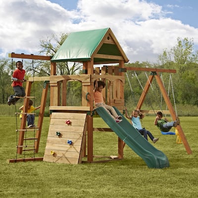 Swing-N-Slide Trekker Wooden Swing Set Kit with Slide, Monkey Bars, and Swings - 216" x 177" x 120"