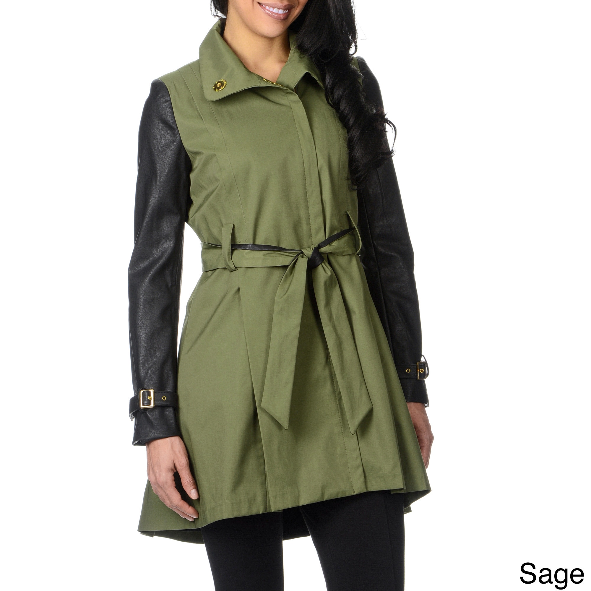 Steve Madden Steve Madden Womens Faux Leather Sleeve Trench Coat Green Size S (4  6)