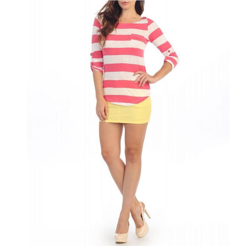 Womens Pink And White Striped 3/4 sleeve Top