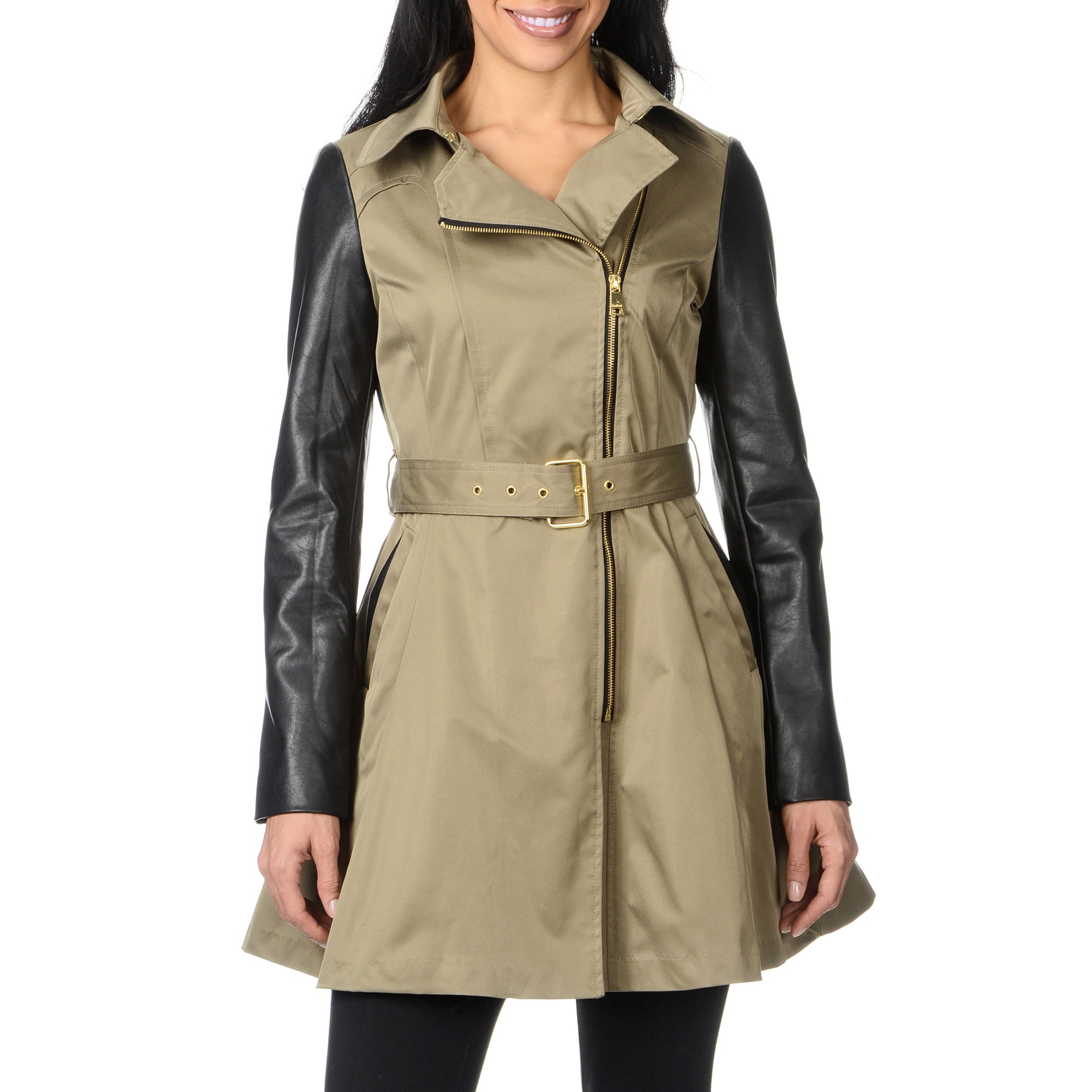 Bebe Womens Light Olive Leatherette Sleeve Trench Coat