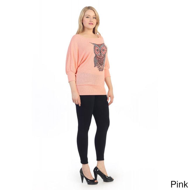 365 Apparel Womens Plus Size Owl Graphic 3/4 sleeve Pull over Top Pink Size 1X (14W  16W)