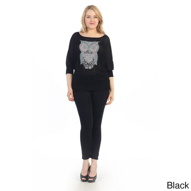 Womens Plus Size Owl Graphic 3/4 sleeve Pull over Top