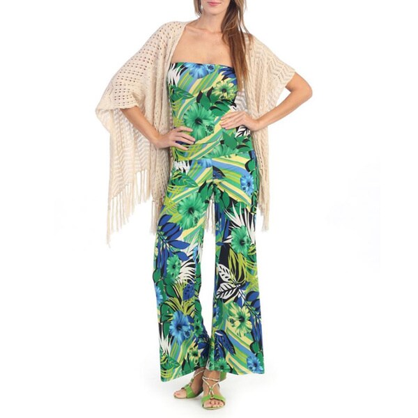 Hadari Womens Green and Royal Blue Floral Print Strapless Jumpsuit