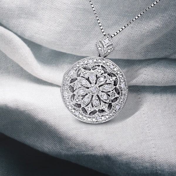 Miadora Sterling Silver Vintage 1/10ct TDW Diamond Locket Floral Drop Necklace