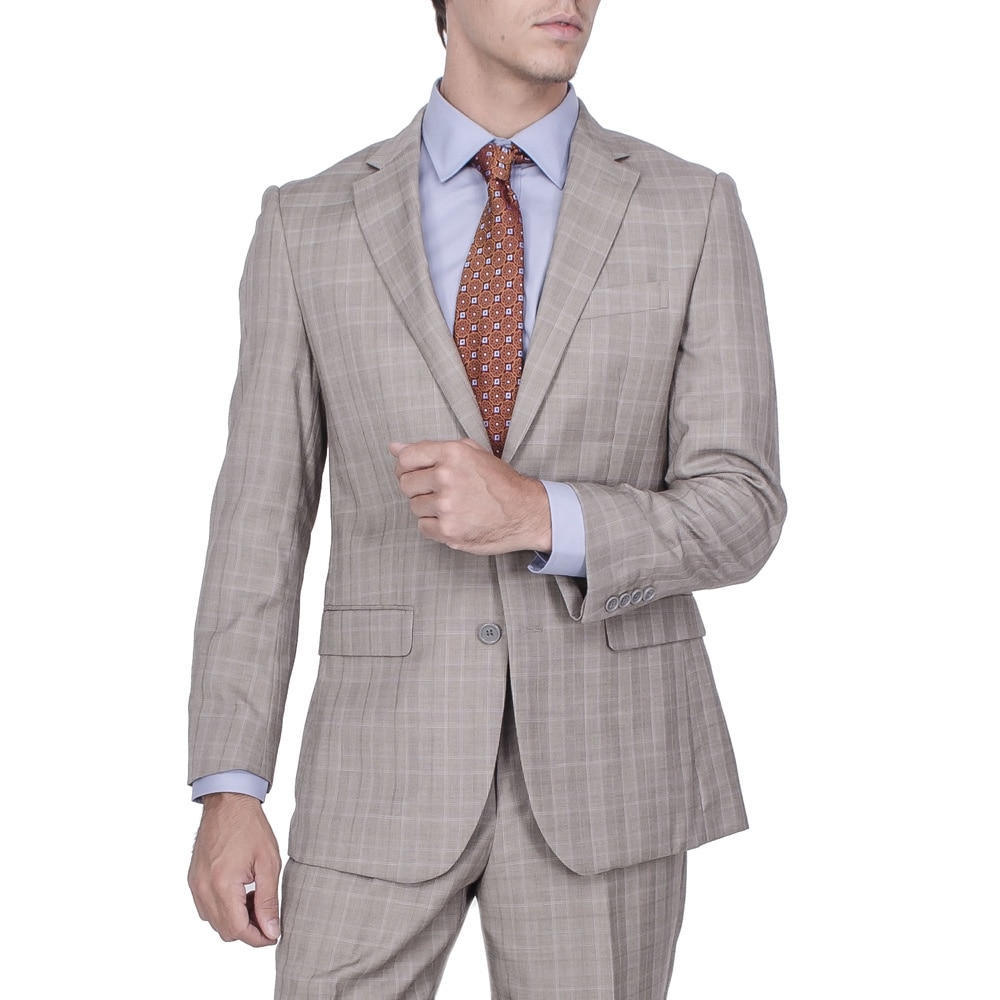 Mens Modern Fit Tan Plaid 2 button Suit