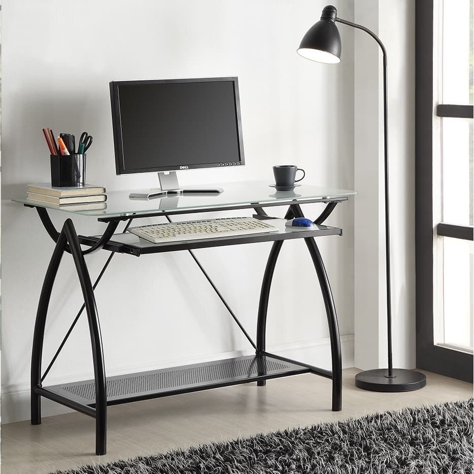 Porch & Den Danziger Black Metal Glass Top Desk with Keyboard Tray