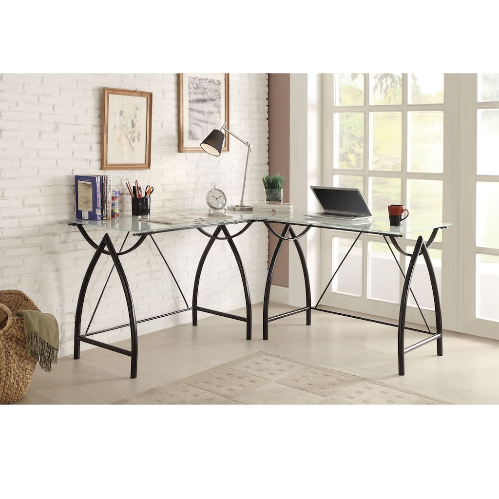 L-shaped Black Frosted Glass/ Metal Corner Desk
