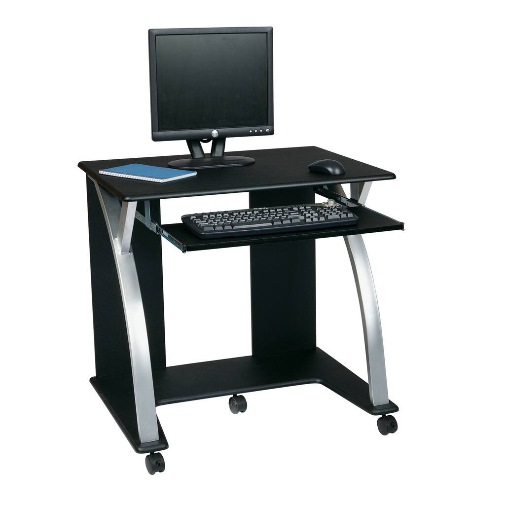 Black/ Silver Rolling Computer Desk Cart with Pull-out Keyboard Tray
