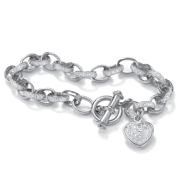 PalmBeach Diamond Accent Oval Link Heart Charm Bracelet Platinum