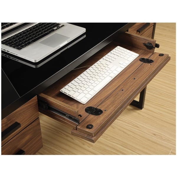 Shop Desk With Wood Grain And Glass Top With Pull Out Flip Down