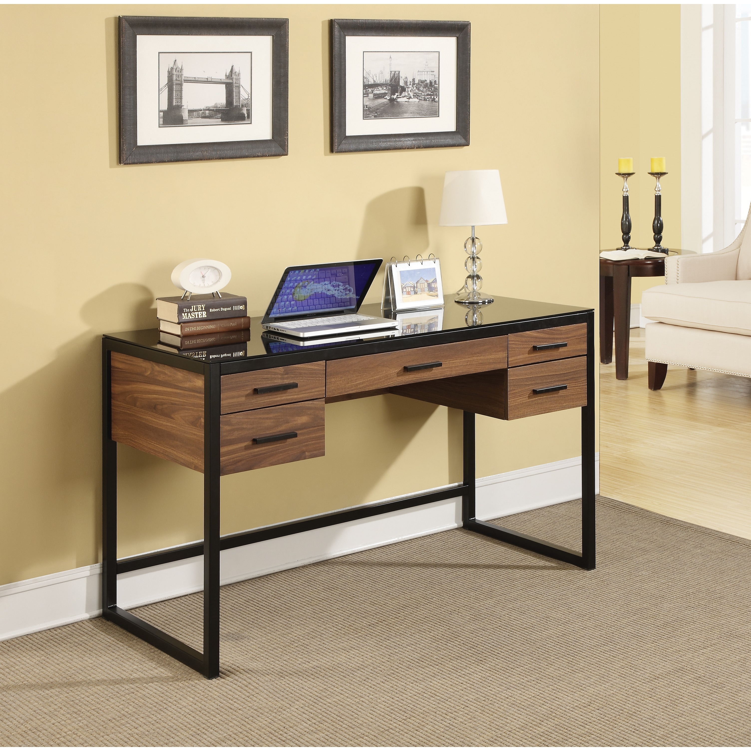 Shop Desk With Wood Grain And Glass Top With Pull Out Flip Down
