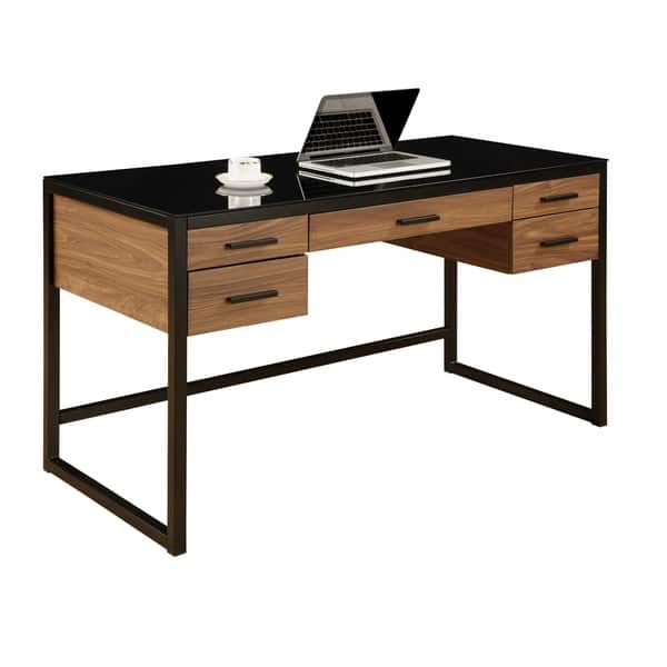 Shop Desk With Wood Grain And Glass Top With Pull Out Flip Down